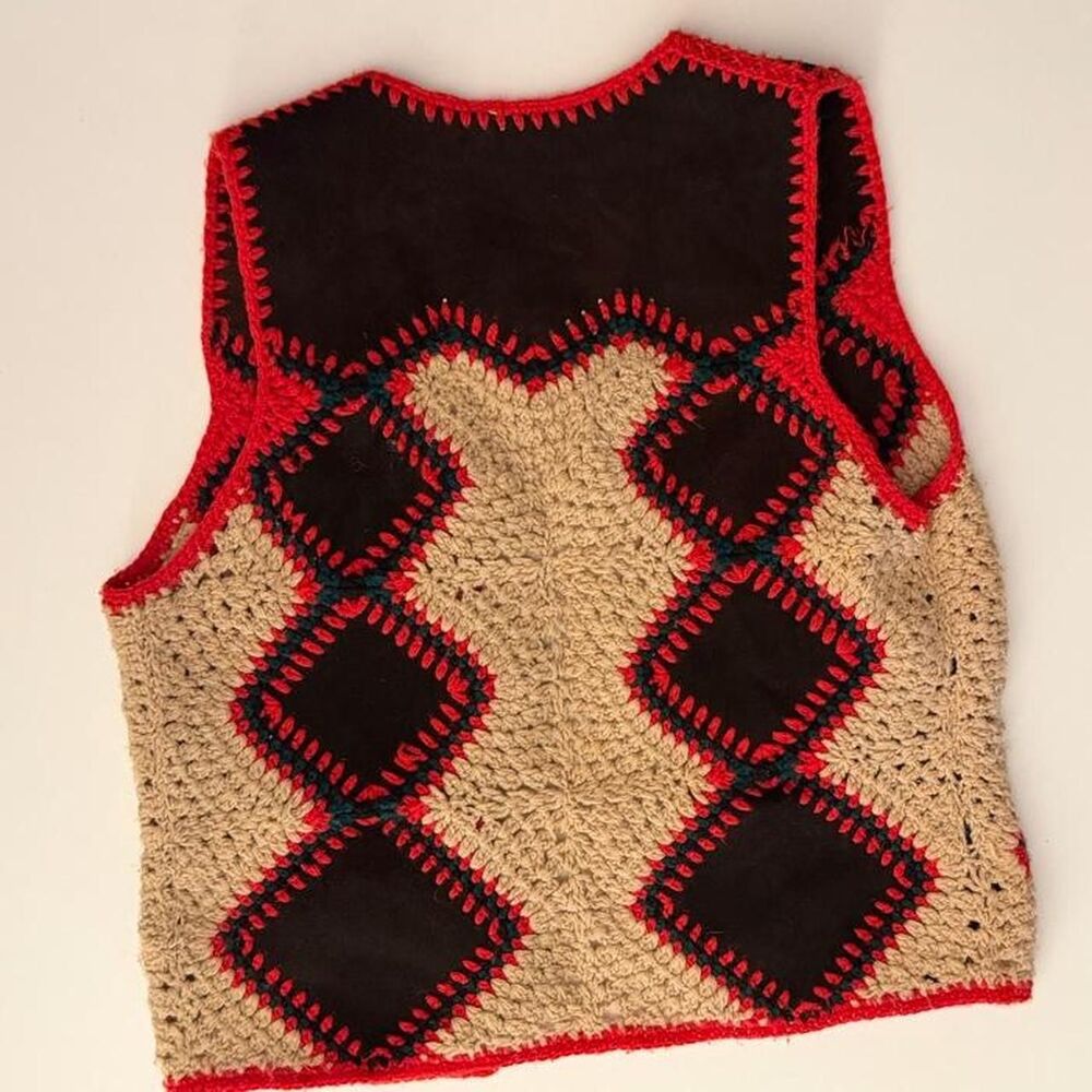 Vintage 1970s leather crochet folk vest - Picture 8 of 8